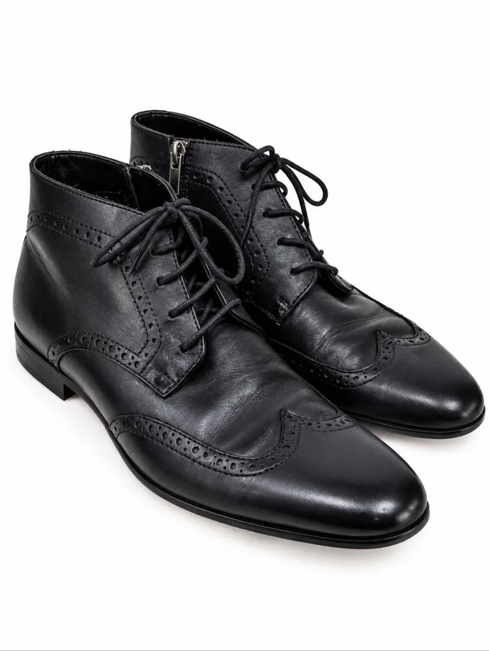 GUESS Men’s 8.5 Black Leather Wingtip Brogue Ankle Boots Lace Up9 Zip